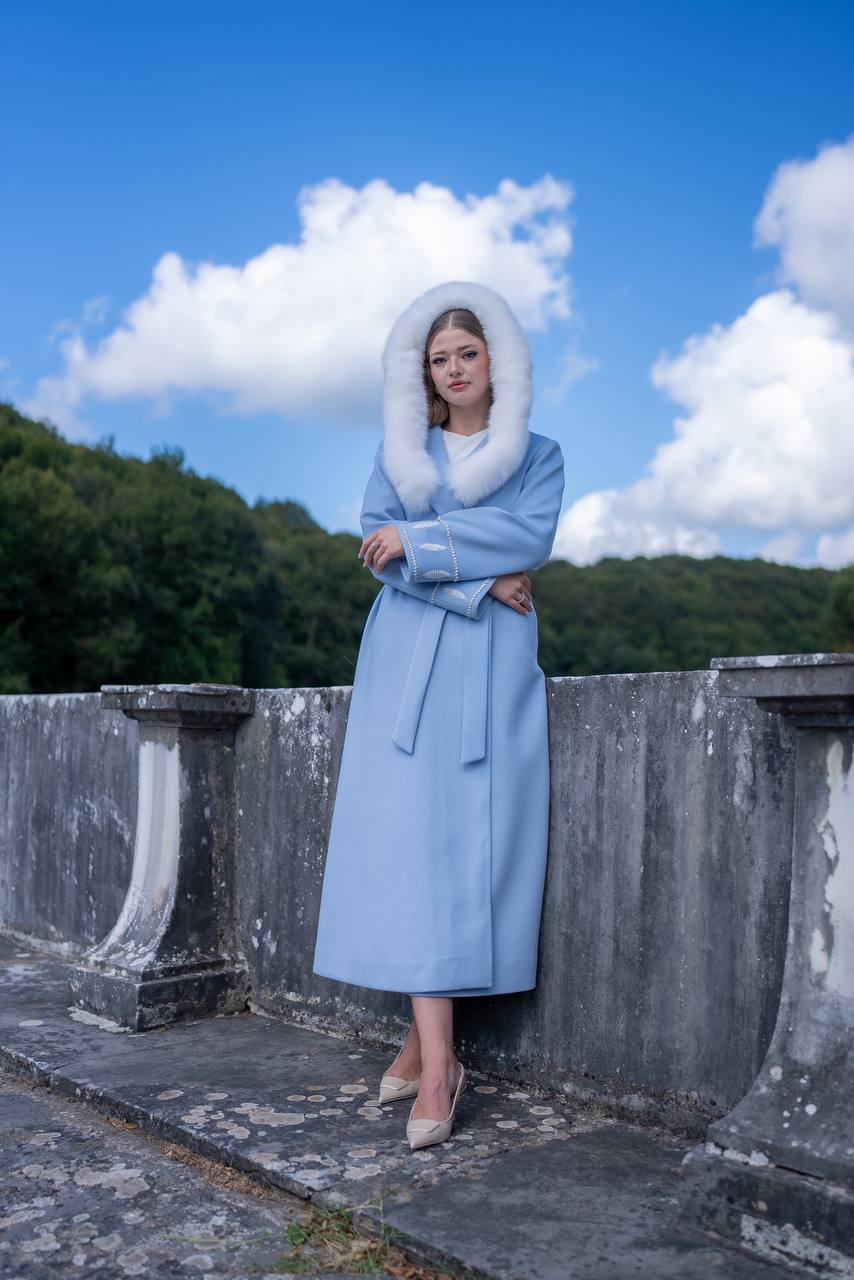 Cashmere Fabric Women’s Coat with Fox Fur Trim-9022-