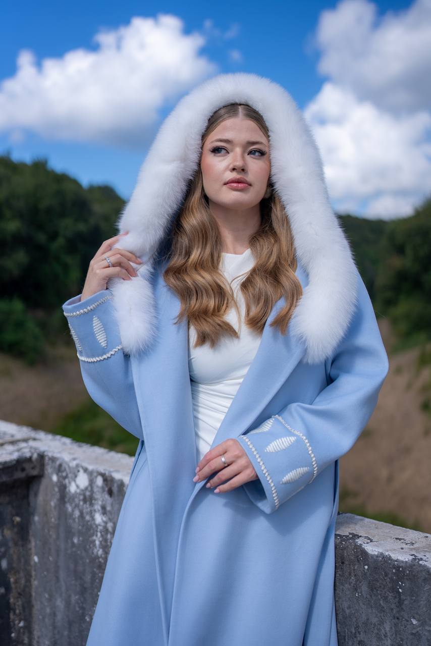 Cashmere Fabric Women’s Coat with Fox Fur Trim-9022-