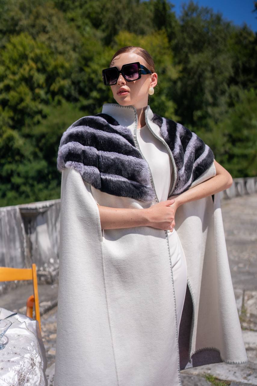 Specially Embroidered, Rabbit Fur Alpaca Fabric Cape Vest