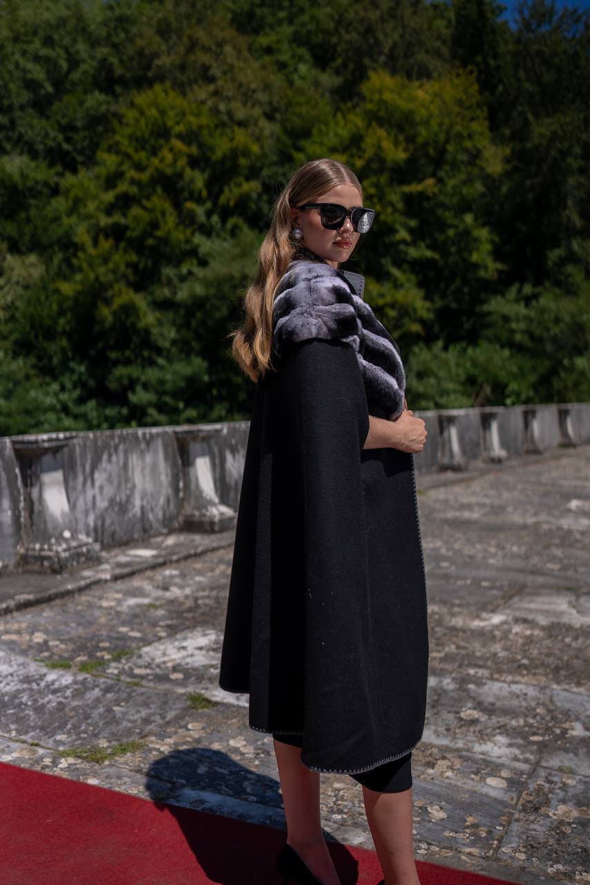 Specially Embroidered, Rabbit Fur Alpaca Fabric Cape Vest-9484-