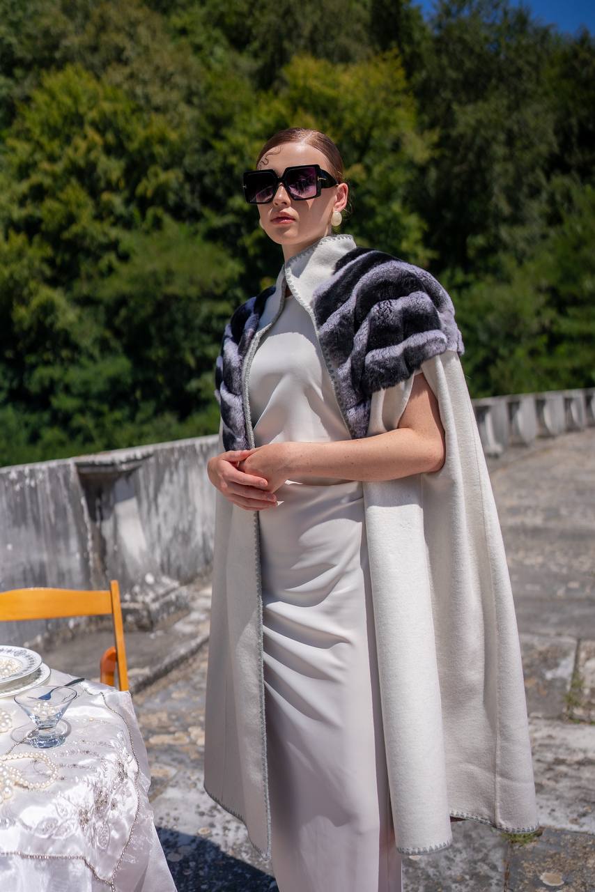 Specially Embroidered, Rabbit Fur Alpaca Fabric Cape Vest