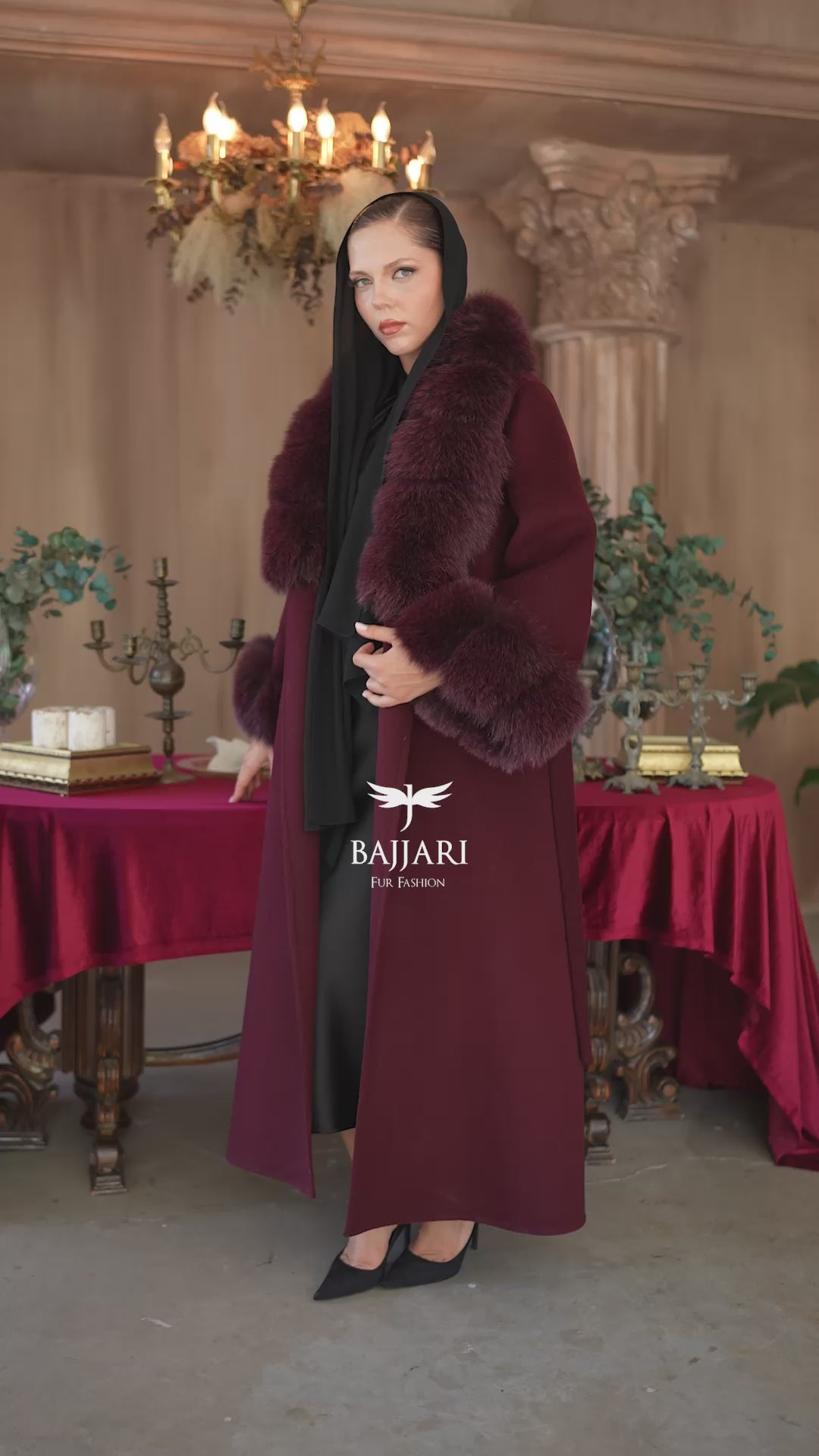 Alpaca Wool Fabric | Fox Fur Collar and Sleeves &amp; Cuff Detail | Flared Skirt Cut -9021-