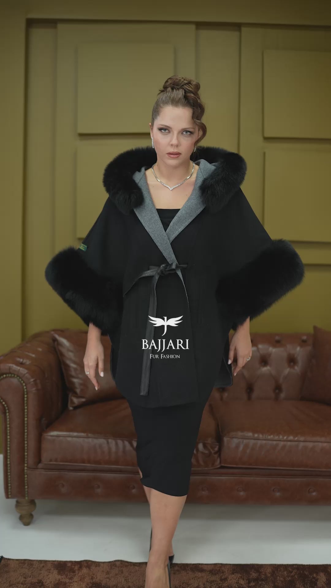Elegant Hooded Cashmere Cape with Fox Fur Collar and Cuffs -1337-