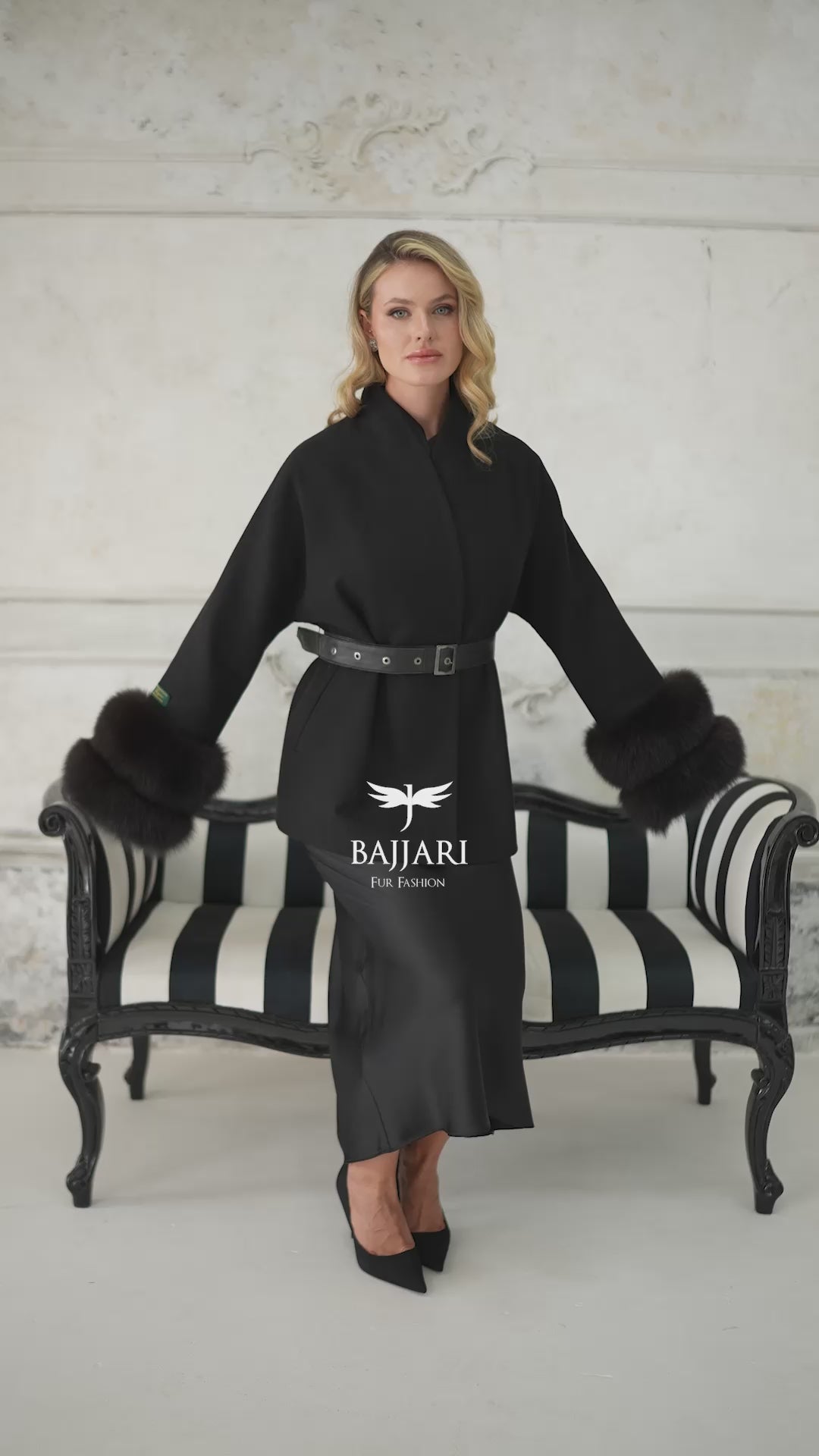 Women's Short Alpaca Wool Coat with Patchwork Fox Fur on the Sleeves -1214-