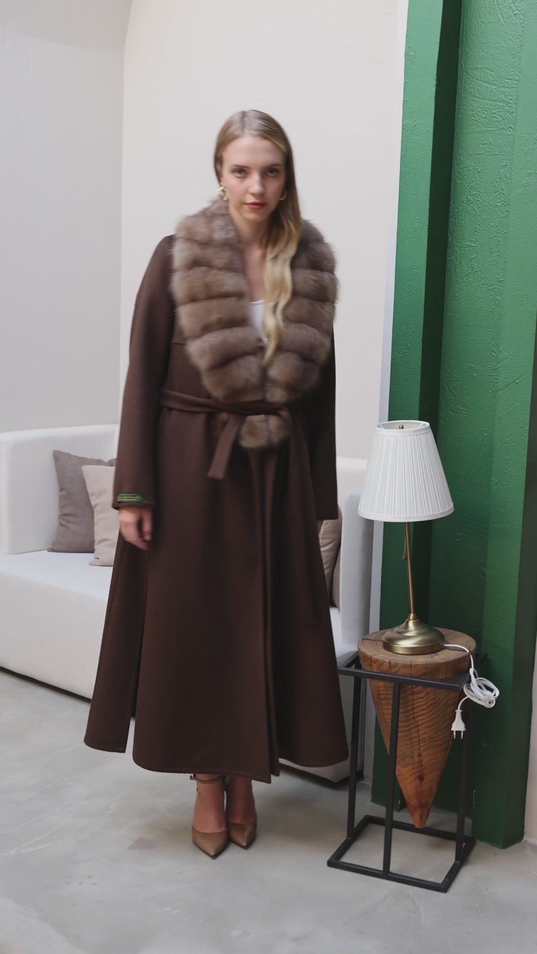 1113 Zibellino Fabric Women’s Coat with Removable Sable Fur Collar