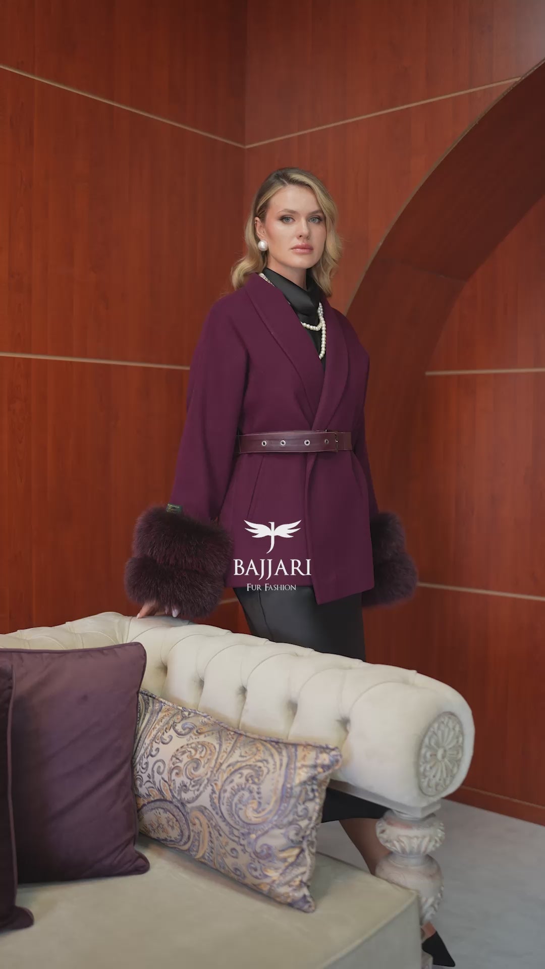 Women's Short Alpaca Wool Coat with Patchwork Fox Fur on the Sleeves -1214-