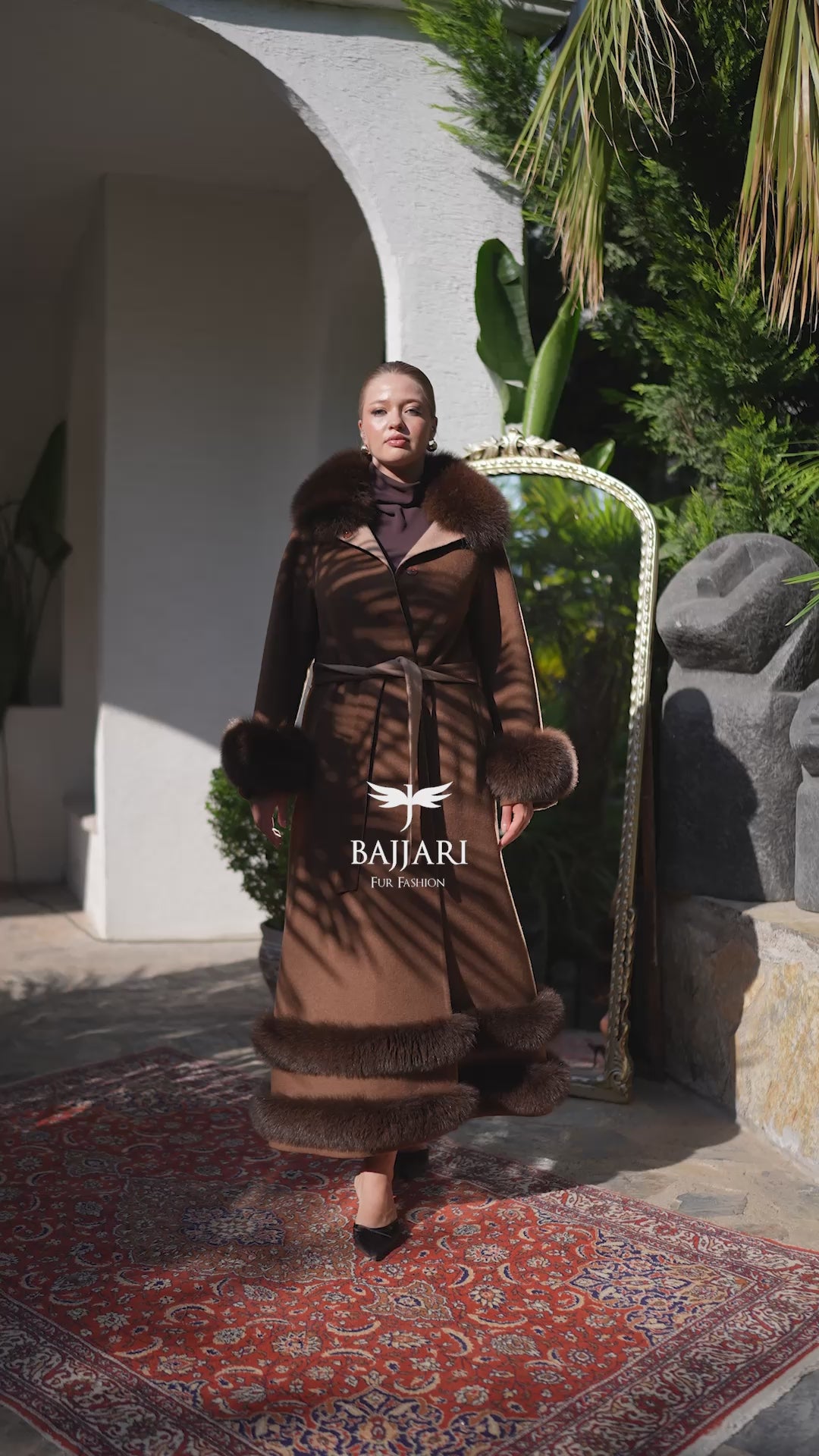 Women's Coat Offering the Elegance of Luxurious Zibellino Alpaca Fabric with Fox Fur Collar, Sleeve Cuff Details& Fox Ornament Details on the Hemlines -9479-
