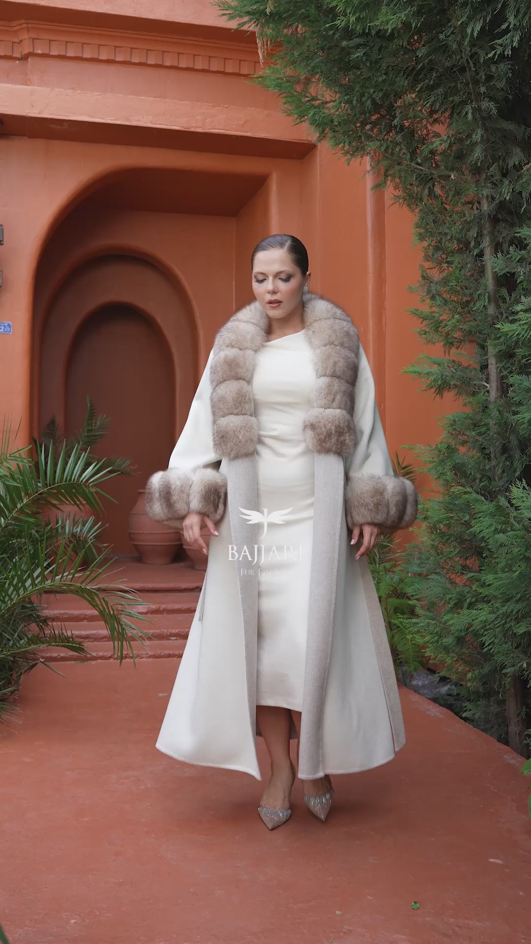 Alpaca Wool Fabric | Fox Fur Collar and Sleeves &amp; Cuff Detail | Flared Skirt Cut -9021-
