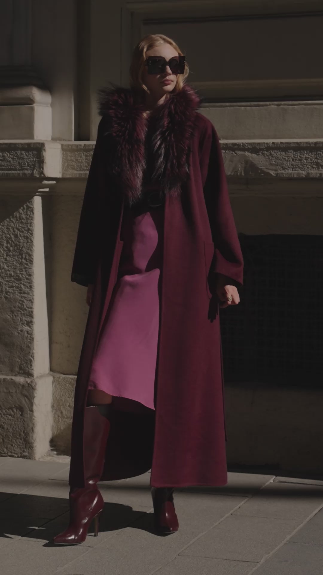 BURGUNDY ALPACA FOX FUR COAT- 9022