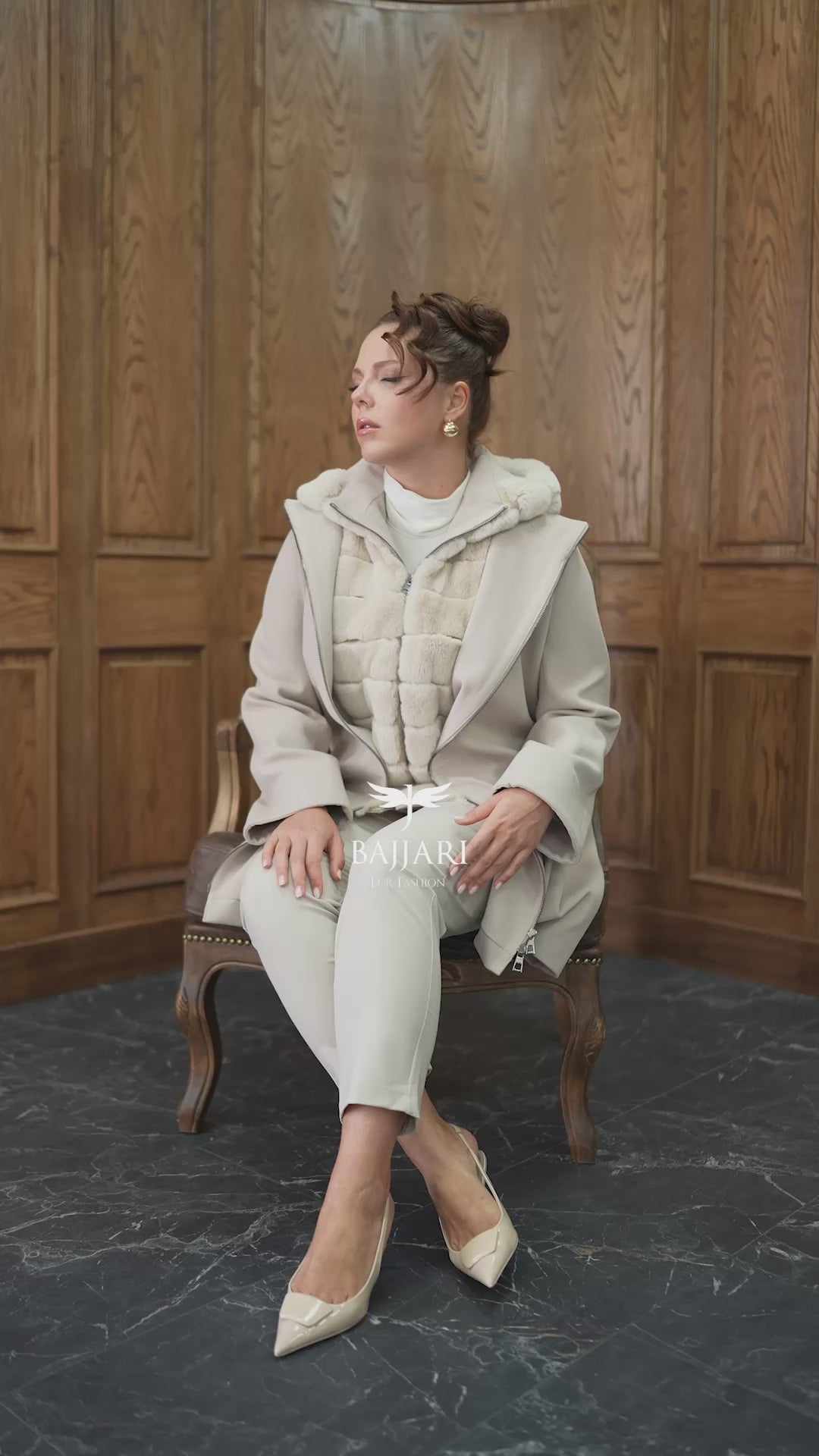 Exclusive Design Coat with Cashmere Fabric and Full Rabbit Fur Hood -1362-