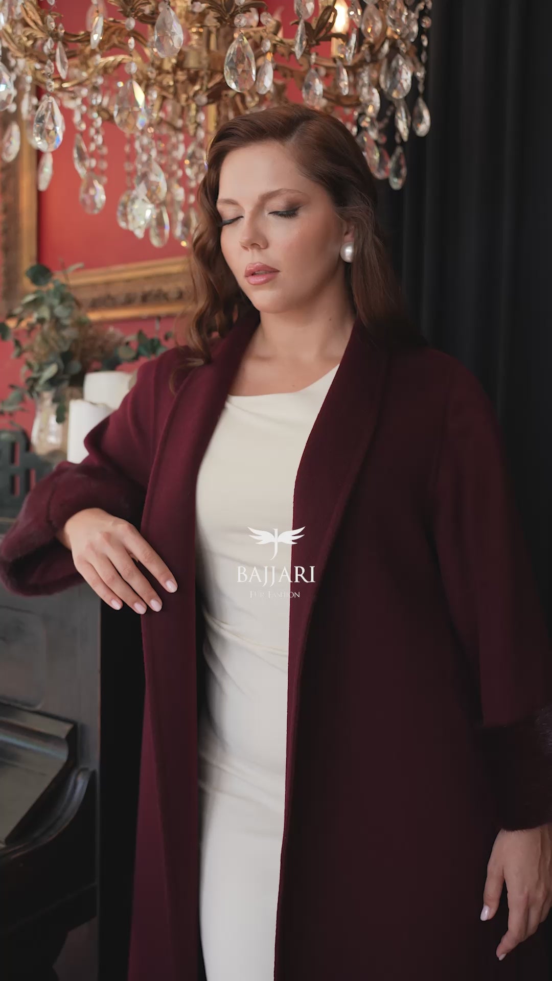 The Color of Elegance and Nobility Red Alpaca Fabric Jacket | Mink Fur Sleeves & Cuff Detail | Slit Skirt Cut -9024