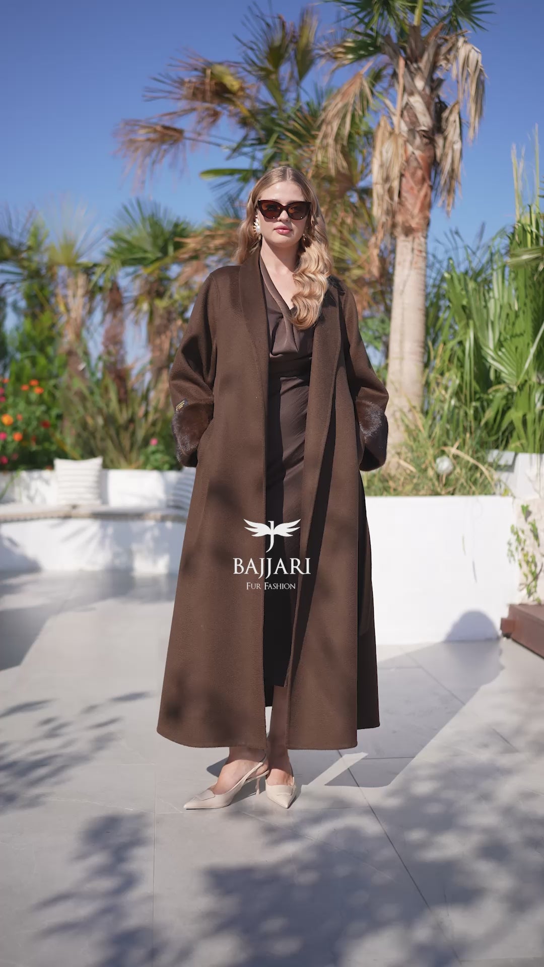 The Color of Elegance and Nobility Brown Alpaca Fabric Jacket | Mink Fur Sleeves &amp; Cuff Detail | Slit Skirt Cut -9024