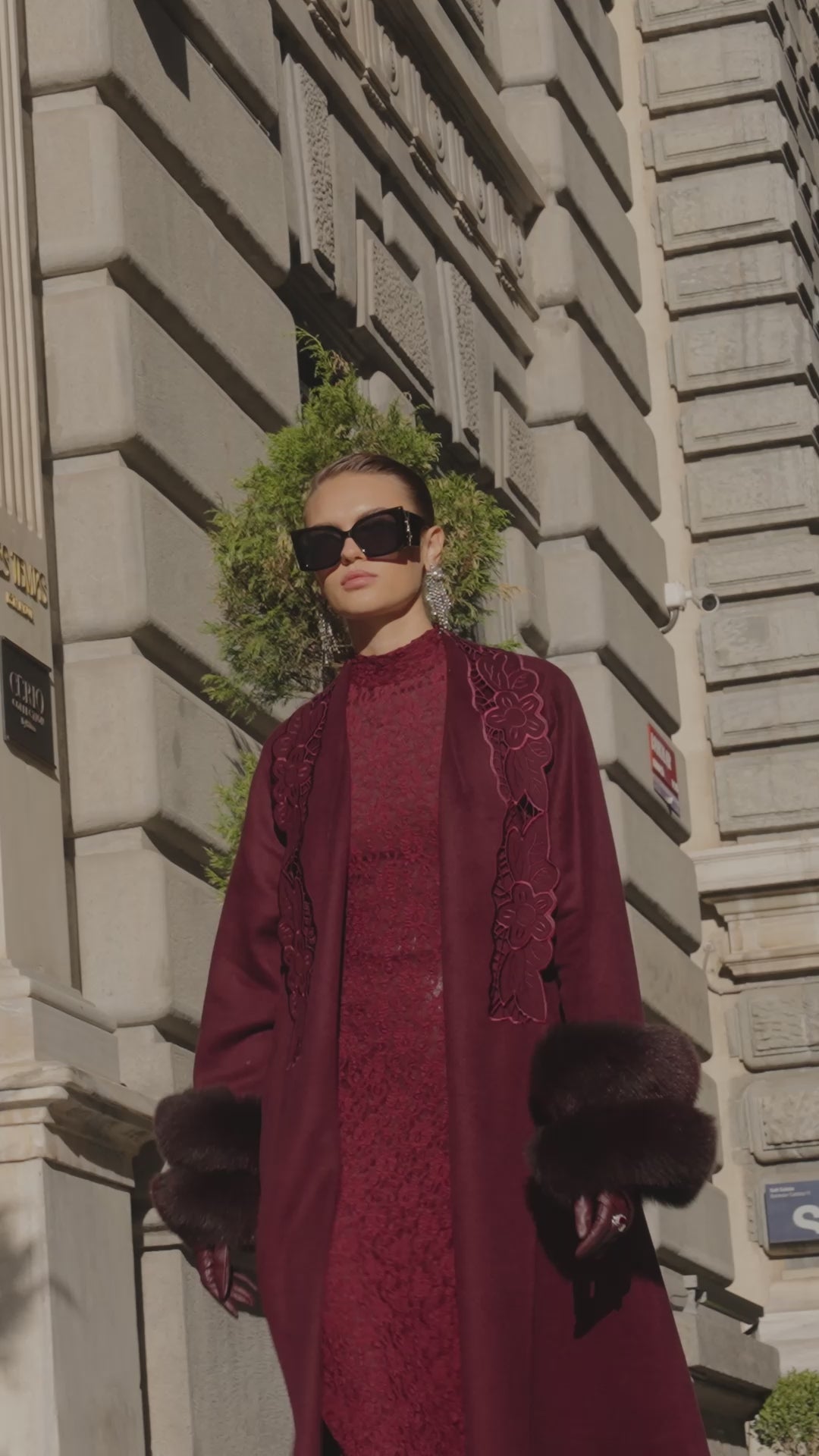 BURGUNDY EMBROIDERED ALPACA FOX FUR COAT -9686