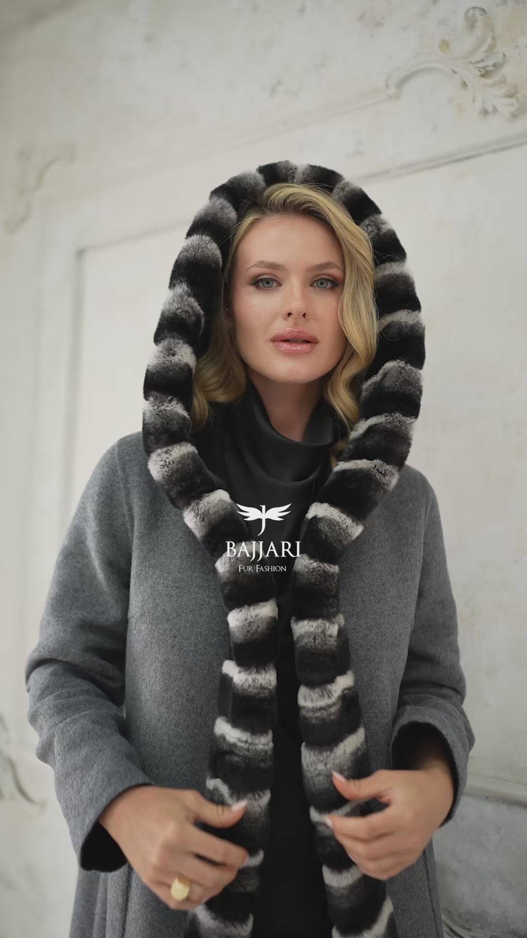 Reversible Alpaca Fabric Hooded Model with Rabbit Fur and Belt -3985-