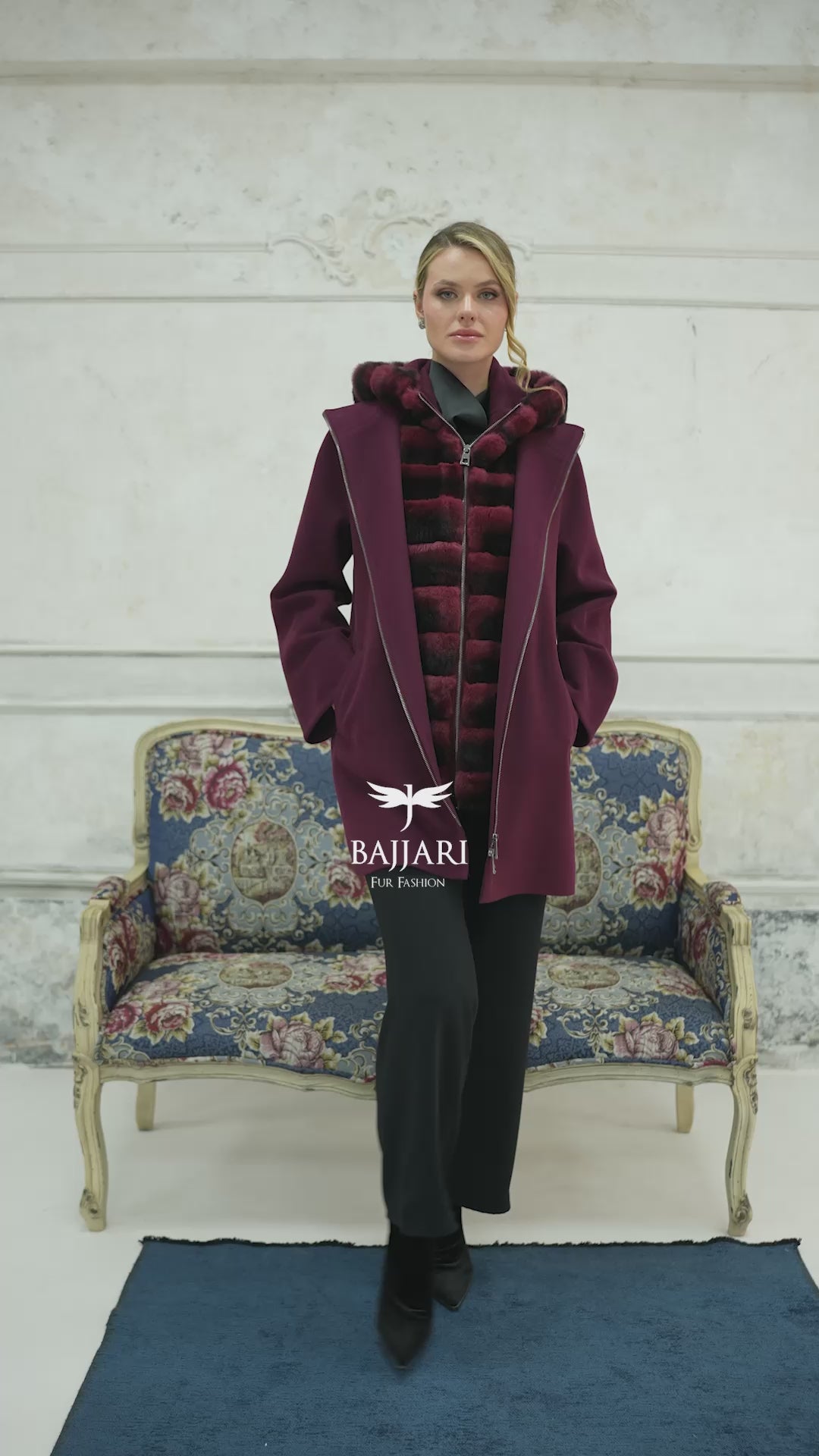 Exclusive Design Coat with Cashmere Fabric and Full Rabbit Fur Hood -1362-