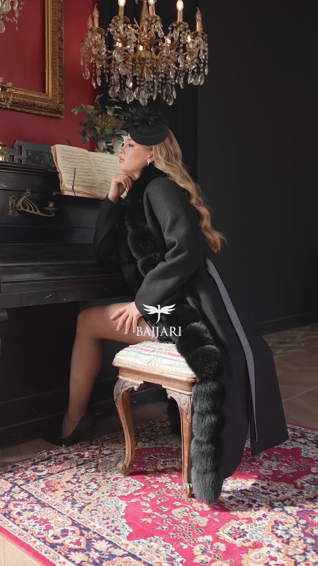 Elegant Alpaca Wool Fabric | Fox Fur Collar; Front Detail | Slit Skirt Cut -9220