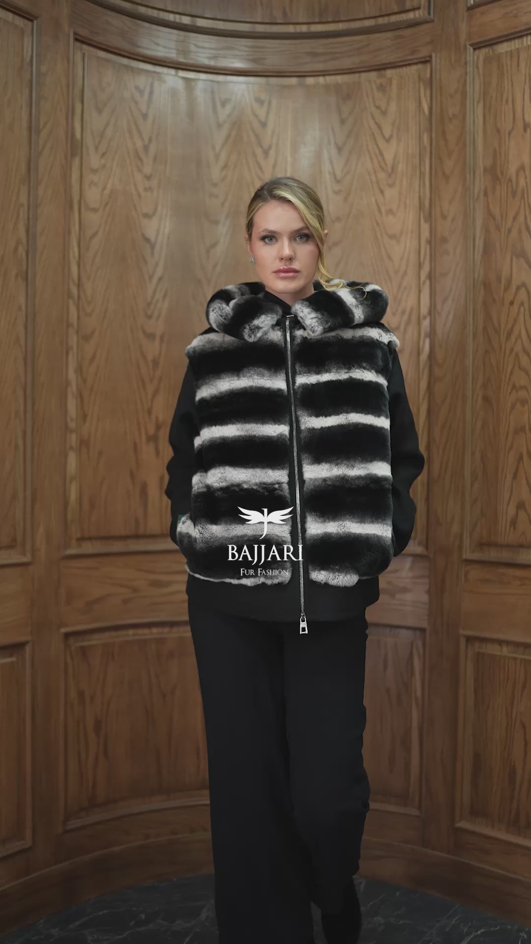 Alpaca Fabric Hooded Model with Rabbit Fur and Real Rabbit Fur Trim on the Front and Hood -9444-