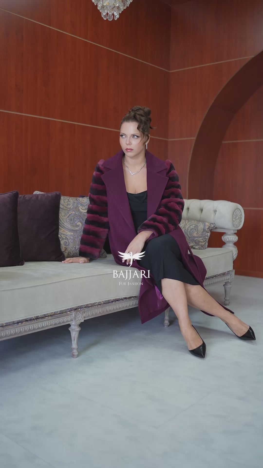 Luxury Alpaca Llama Fabric with Rabbit Fur - Stylish and Elegant Women's Coat with Real Rabbit Fur Trim on the Sleeves -1326-