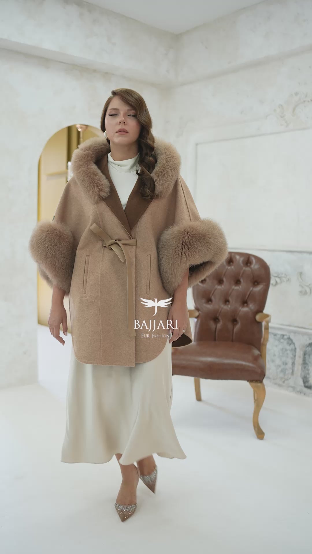 Elegant Hooded Cashmere Cape with Fox Fur Collar and Cuffs -1337-
