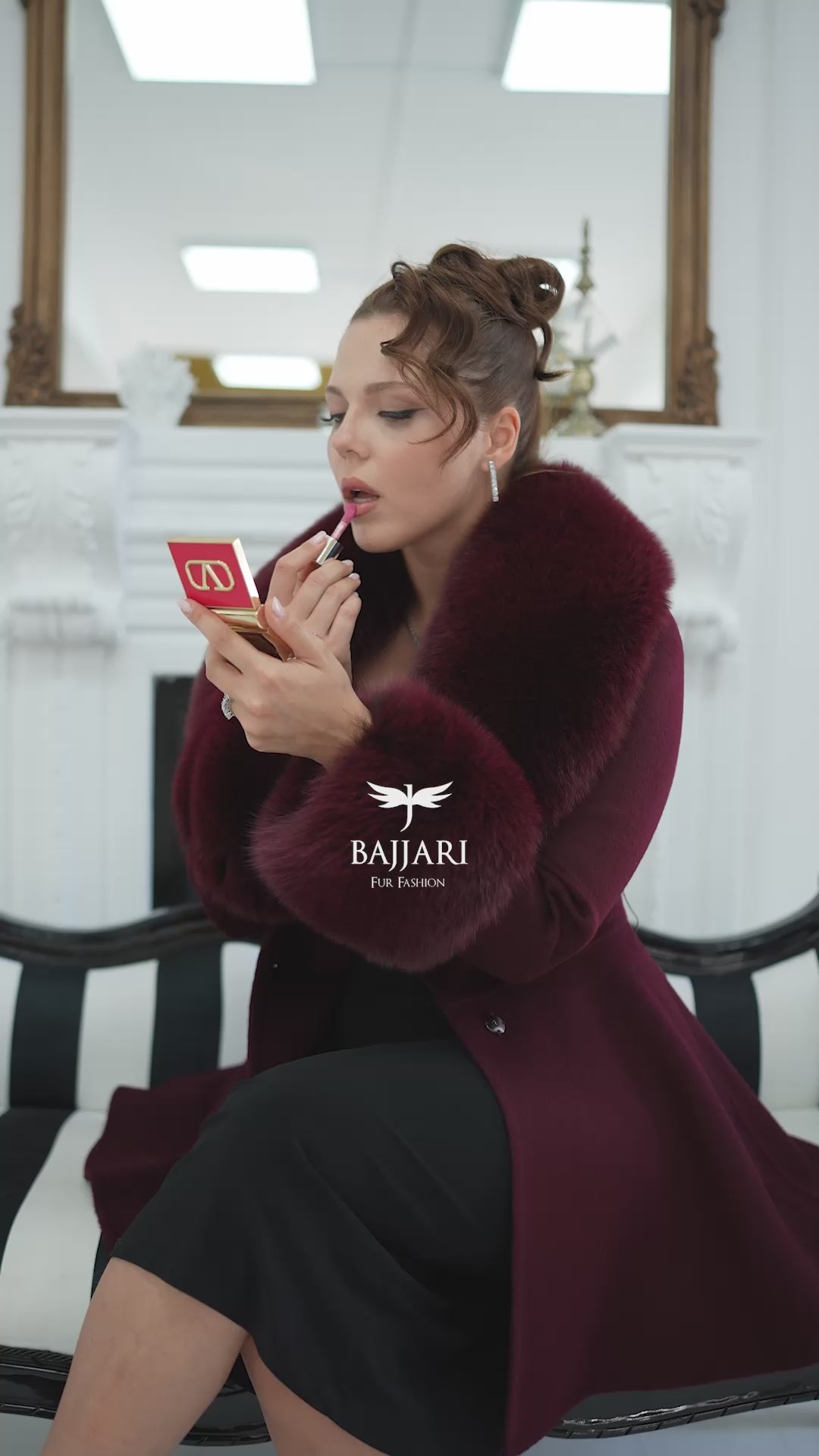 Women's Coat Offering the Elegance of Luxurious Alpaca Fabric with Fox Fur Collar and Fox Fur Trim Details on the Hem -1293-