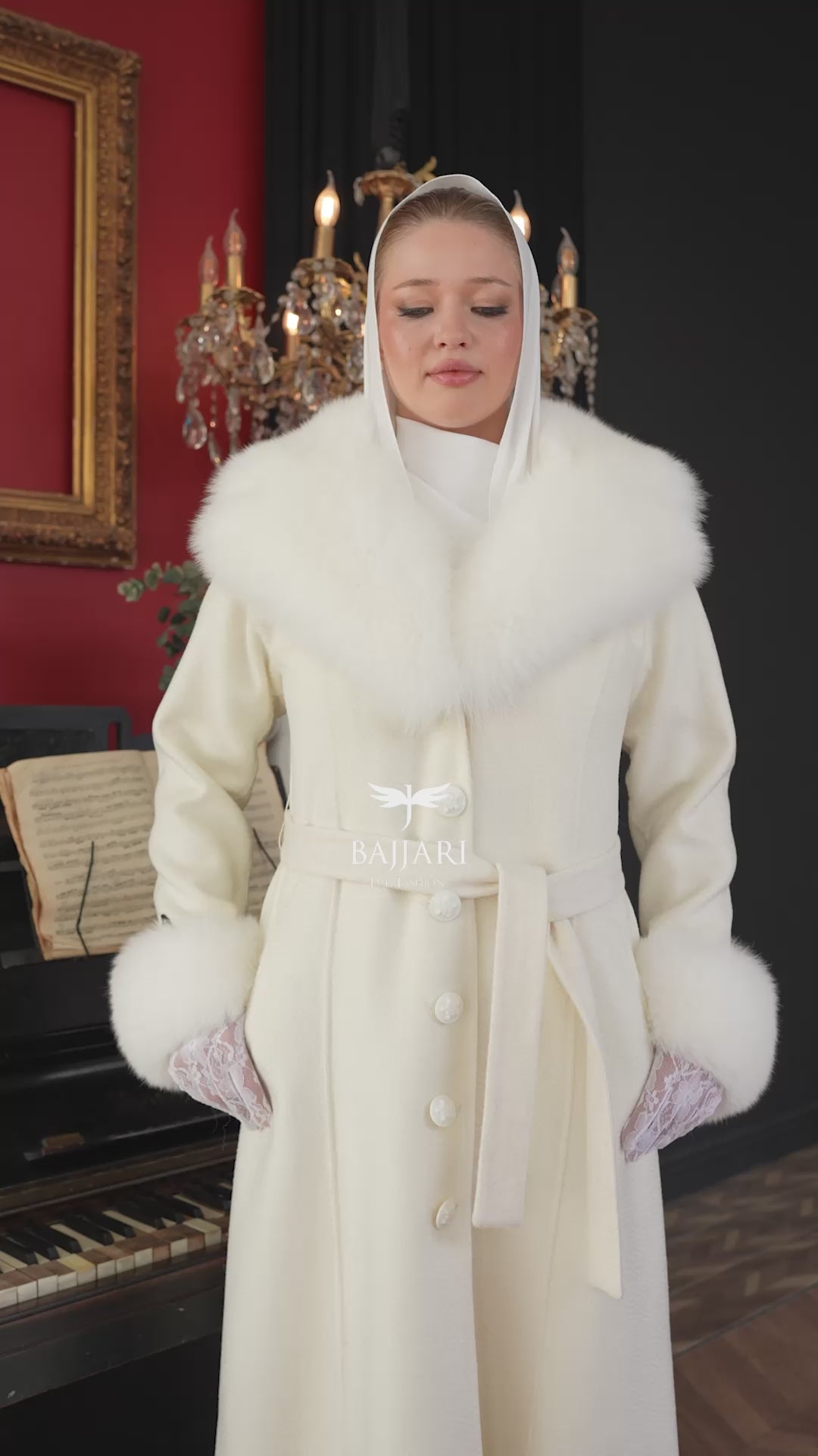 Elegant Zibellino Alpaca Fabric | Fox Fur Collar and Sleeves &amp; Cuff Detail | Flared Cut - Unique and Stylish Look -9499-