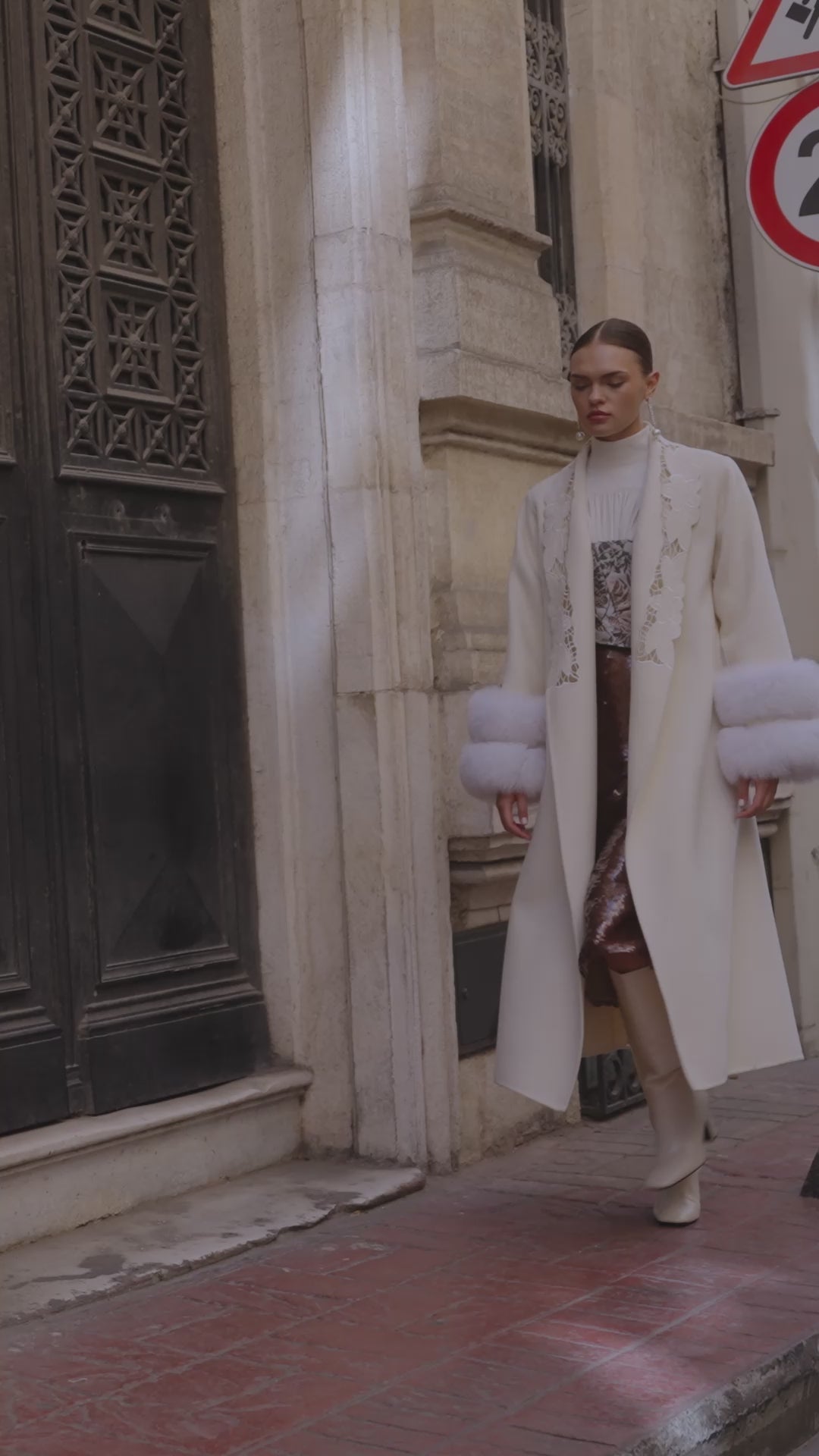WHITE EMBROIDERED ALPACA FOX FUR COAT -9686