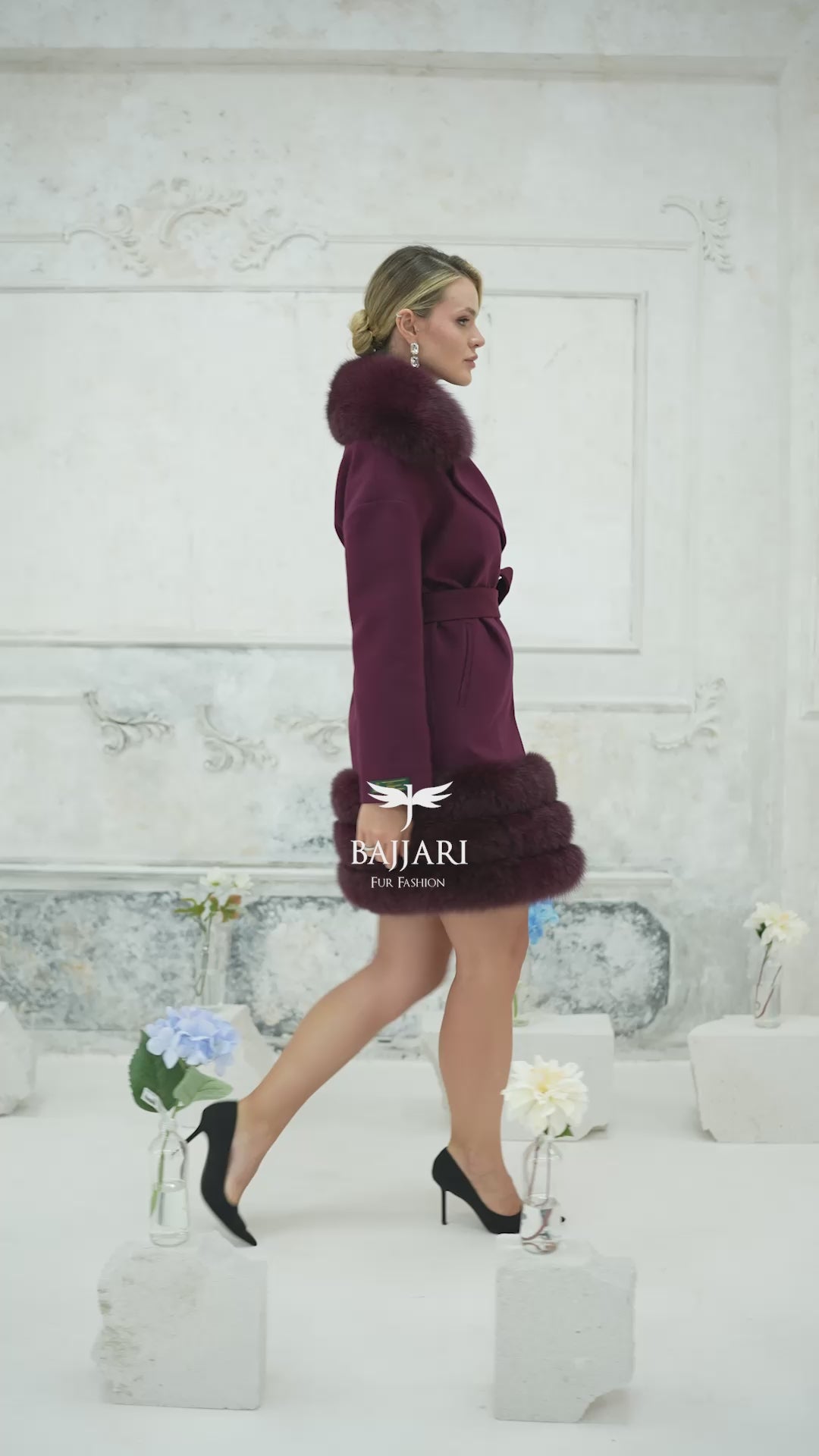 Stylish Design with Alpaca Llama Wool, Fox Fur Collar and Skirt Details, Removable Collar -1417-