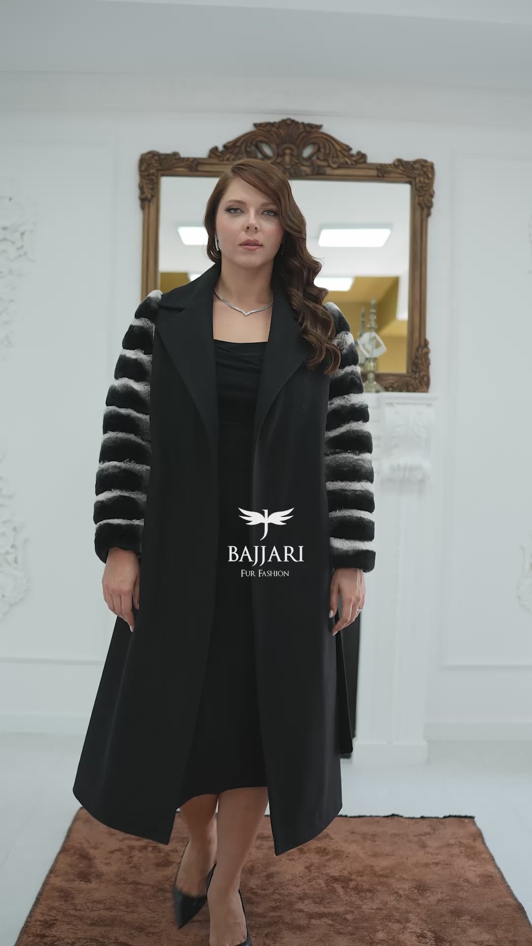 Luxury Alpaca Llama Fabric with Rabbit Fur - Stylish and Elegant Women's Coat with Real Rabbit Fur Trim on the Sleeves -1326-