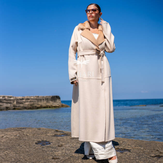 Alpaca Fabric Model with Mink Fur Collar and Belt -9453-