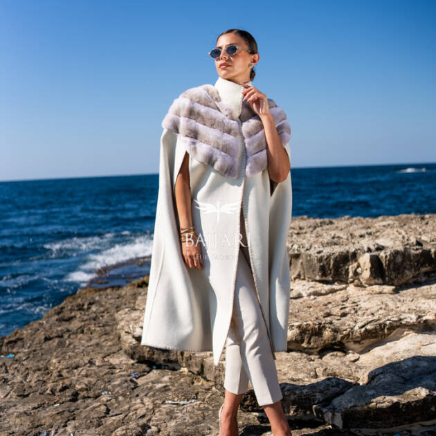 Specially Embroidered, Rabbit Fur Alpaca Fabric Cape Vest -9484-