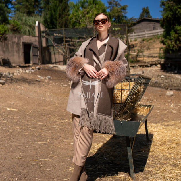 Alpaca Wool Jacket with Frost Fox Fur Sleeves, Scarf, and Hood -9485-