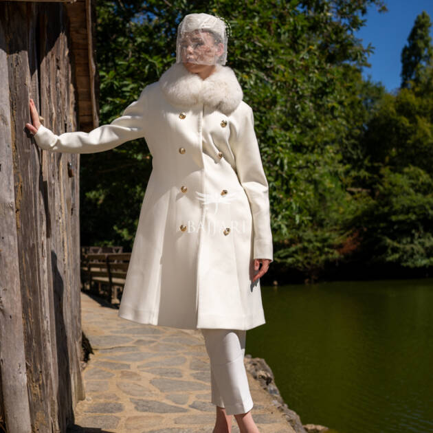 Cashmere Fabric | Gold Button Front & Fox Fur Collar  -1307-