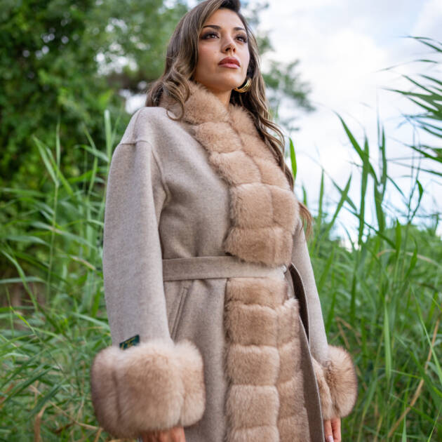 Short Women’s Coat Made from Alpaca Wool with Patchwork Fox Fur on Front and Sleeves  -9454-