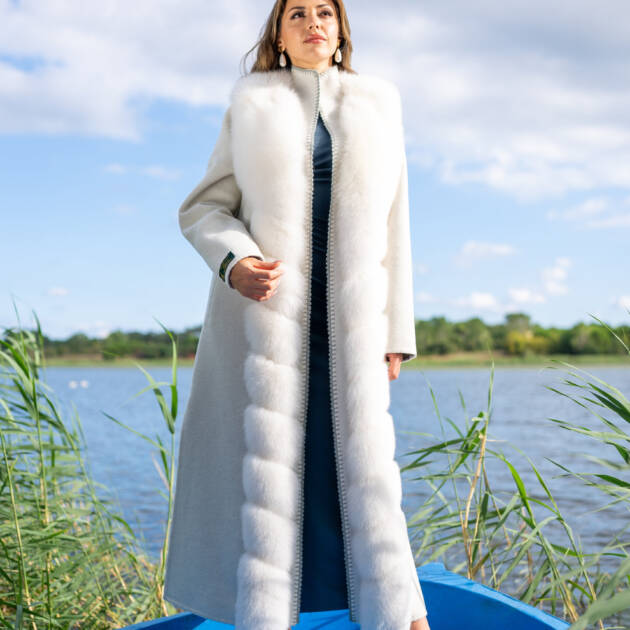 Women’s Coat Made from Alpaca Wool with Full Fox Fur Front and Special Embroidery -9483-