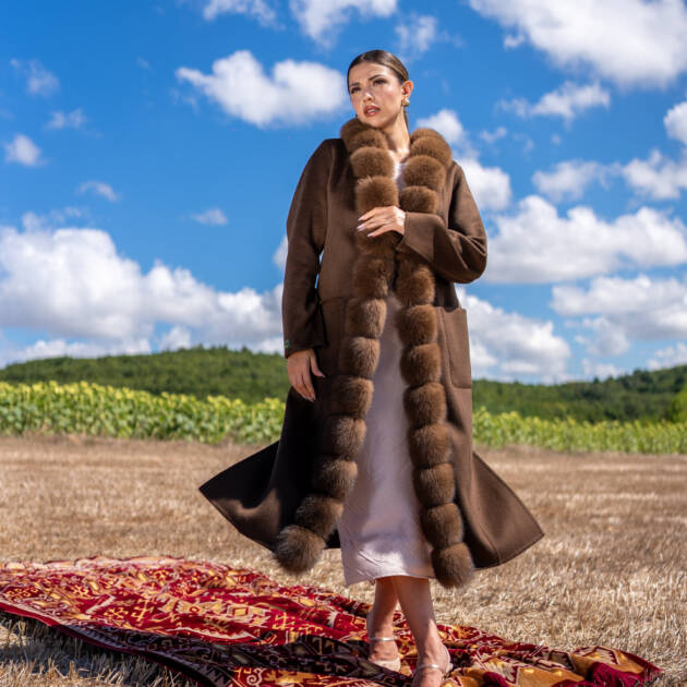Straight-Cut Women’s Coat Made from Alpaca Wool with Patchwork Fox Fur -9220 Z F-