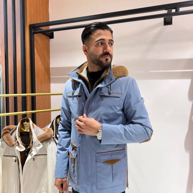 Men’s Jacket with Detachable Rabbit Fur Hood and Suede Details M-900