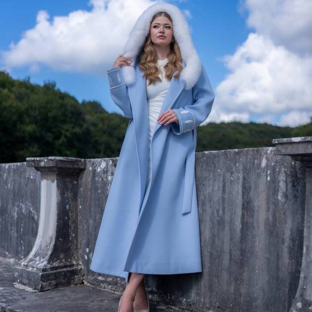 Cashmere Fabric Women’s Coat with Fox Fur Trim-9022-