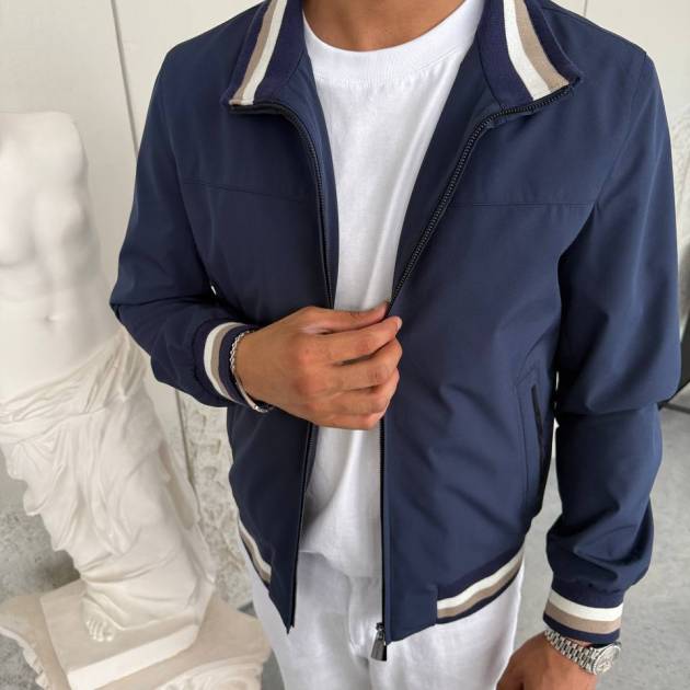 Navy Blue Lightweight Bomber Jacket with Windbreaker Detail