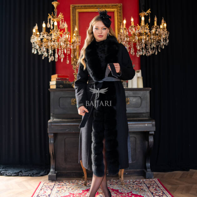 Elegant Alpaca Wool Fabric | Fox Fur Collar; Front Detail | Slit Skirt Cut -9220