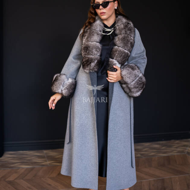 Alpaca Wool Fabric | Fox Fur Collar and Sleeves & Cuff Detail | Slit Skirt Cut -9021-