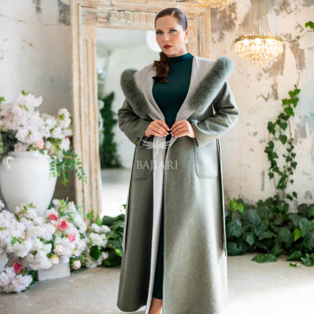 Women's Alpaca Wool Fabric Coat with Soft Fox Fur Trim on the Collar & Special Embroidery on Back Detail -9022-