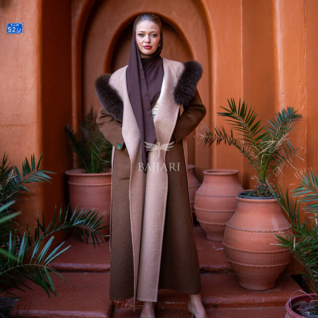 Women's Alpaca Wool Fabric Coat with Soft Fox Fur Trim on the Collar & Special Embroidery on Back Detail -9022-