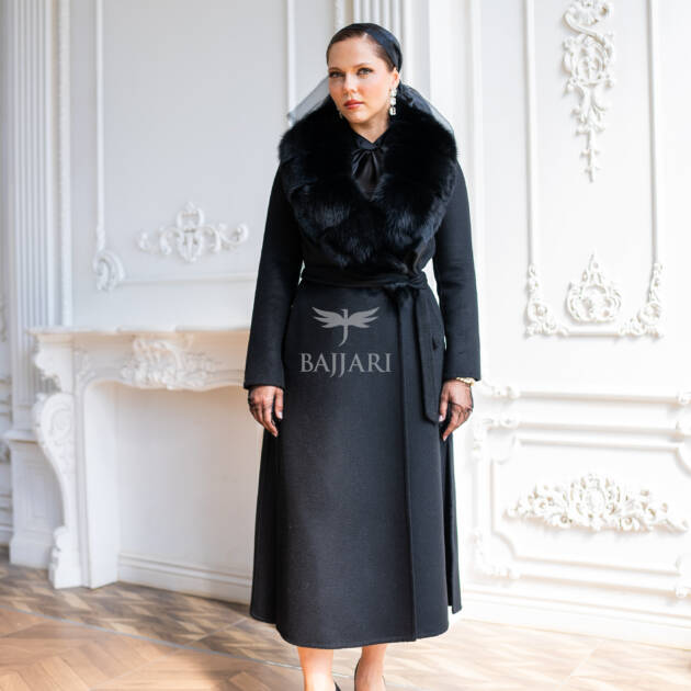 Women's Zibellino Alpaca Wool Fabric Coat with Soft Fox Fur Trim on the Collar -1113-