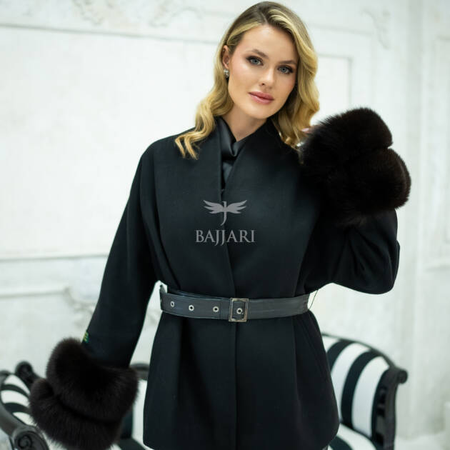 Women's Short Alpaca Wool Coat with Patchwork Fox Fur on the Sleeves -1214-