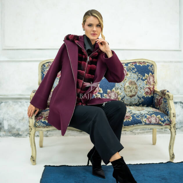 Exclusive Design Coat with Cashmere Fabric and Full Rabbit Fur Hood -1362-