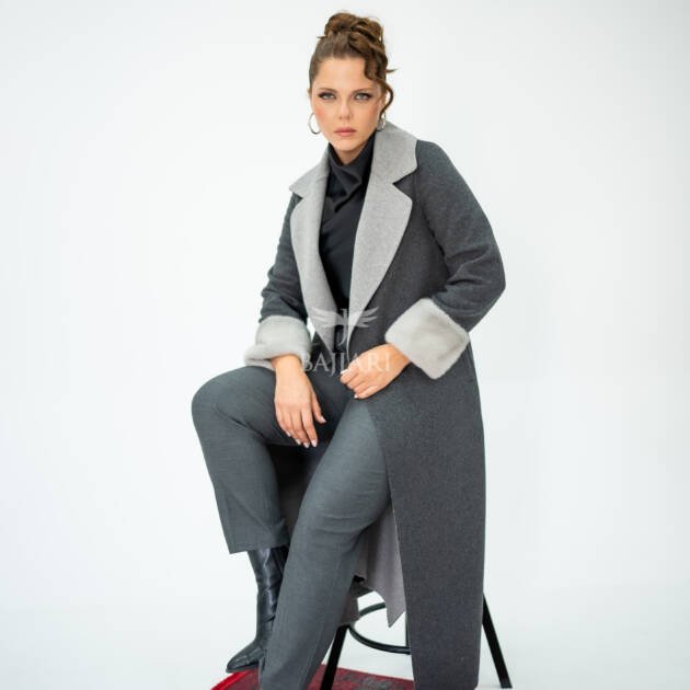 Alpaca Wool Fabric | Mink Fur Sleeves; Cuff Detail | Slit Hem Alpaca Mink -3991 A M-