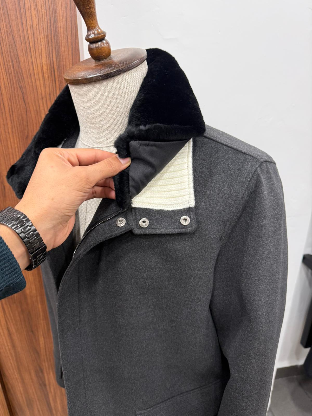 Removable Collar Rabbit Rex Fur Trimmed Cashmere Men's Jacket - Görsel 6