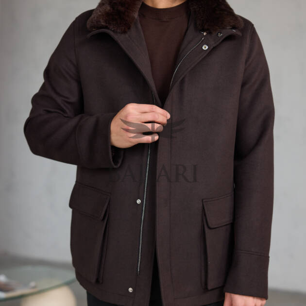 Removable Collar Rabbit Rex Fur Trimmed Cashmere Men’s Jacket