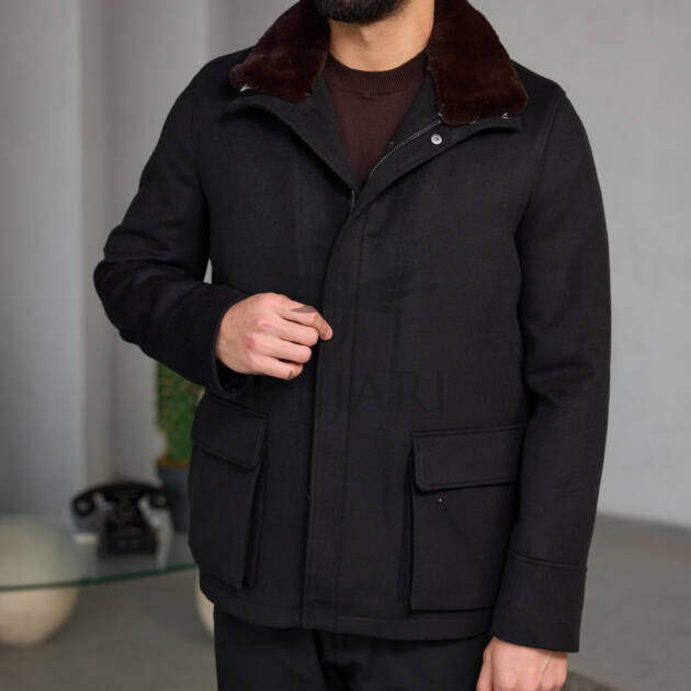Men's Cashmere Jacket with Removable Lining and Collar, Featuring Rabbit Rex Fur Detail