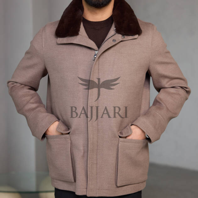 Men's Cashmere Jacket with Removable Lining and Collar, Featuring Rabbit Rex Fur Detail